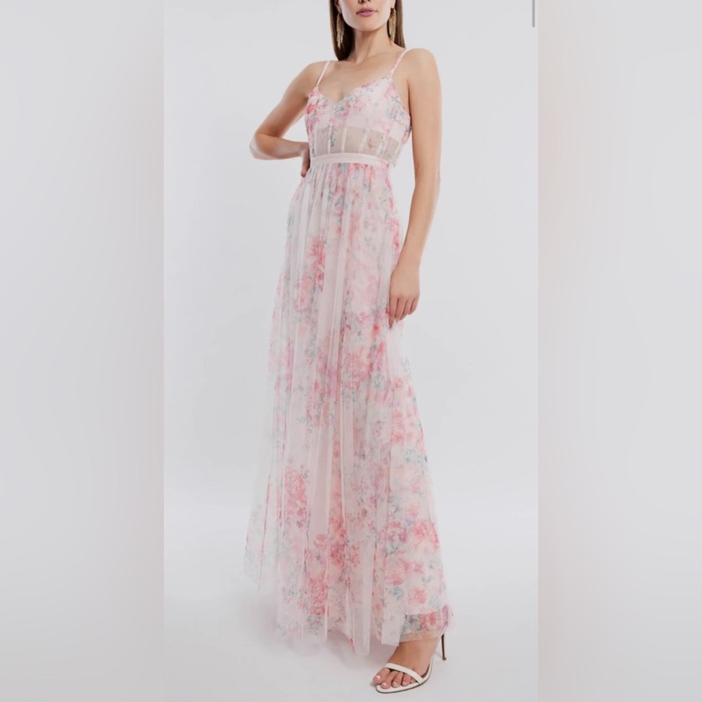 BCBGMAXAZRIA Floral Tulle Evening Dress Sheer Corset Prom Wedding